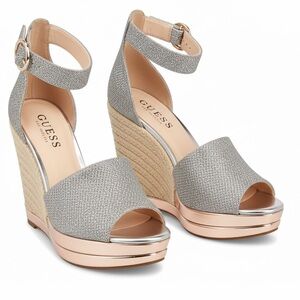 Guess Silver and Tan Wedge Sandals size 6.5
